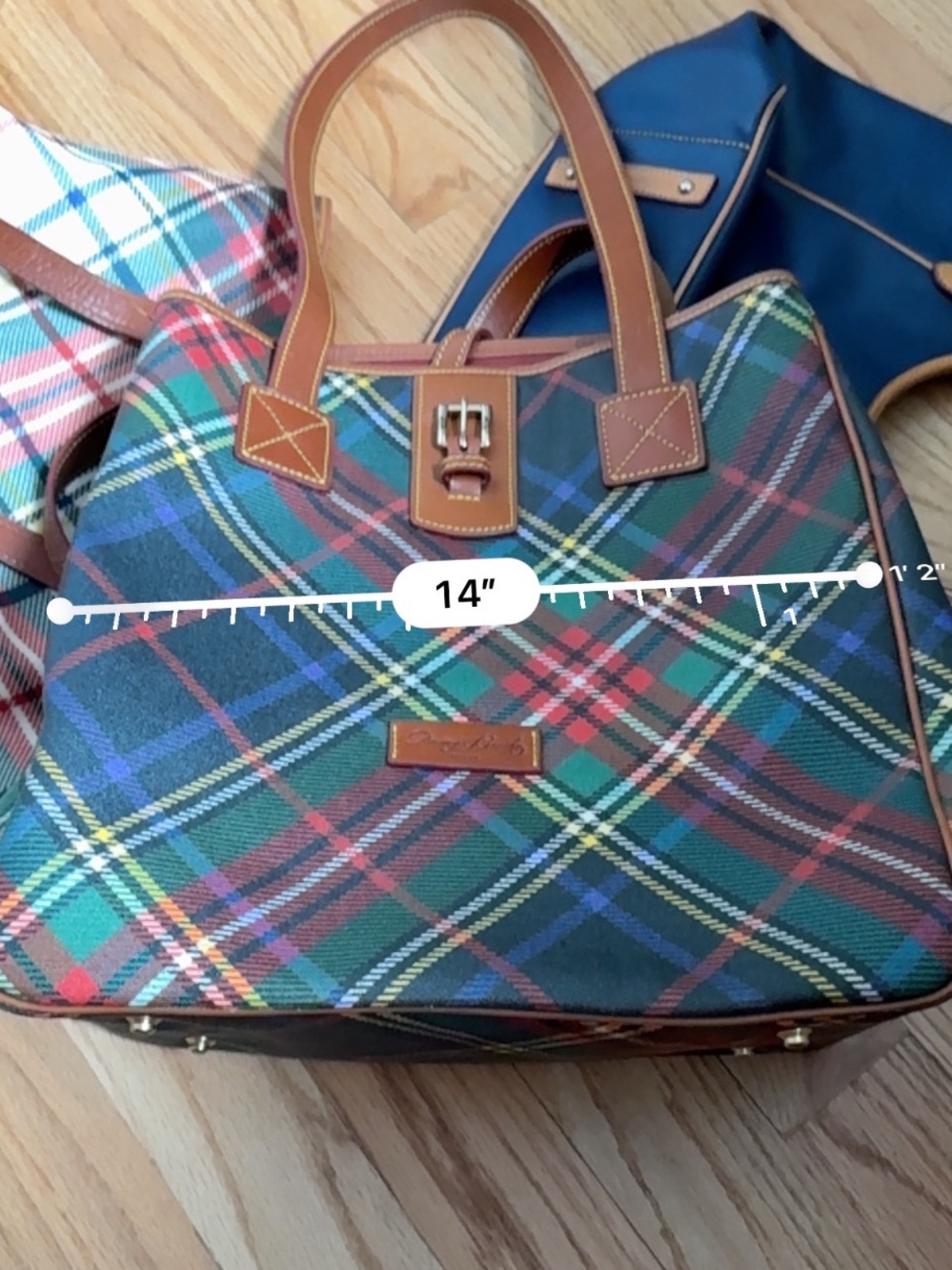 Dooney & Bourke Green Red Plaid Tote with Brown Trim - Picture 6 of 7